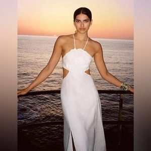 Farm Rio white cream bridal midi halter top cut out beaded flower dress